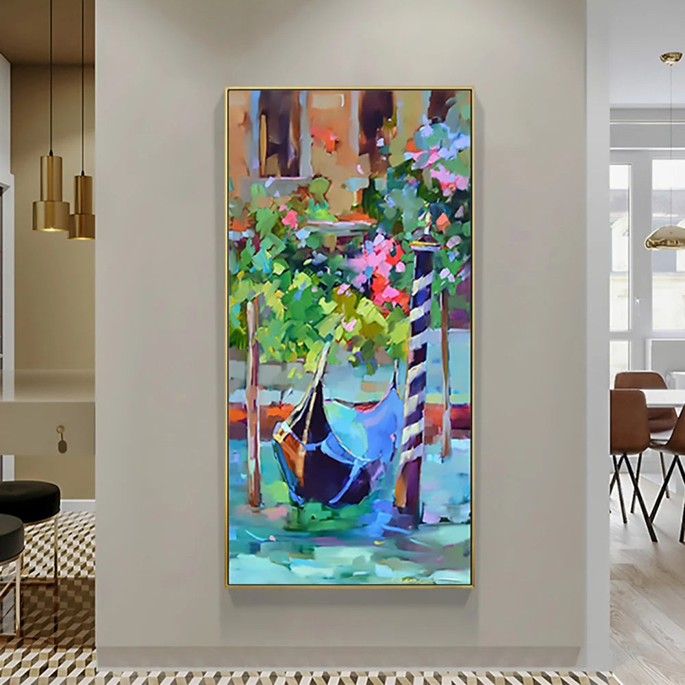 Charming Venetian Gondola with Vibrant Flowers - Colorful Oil Painting
