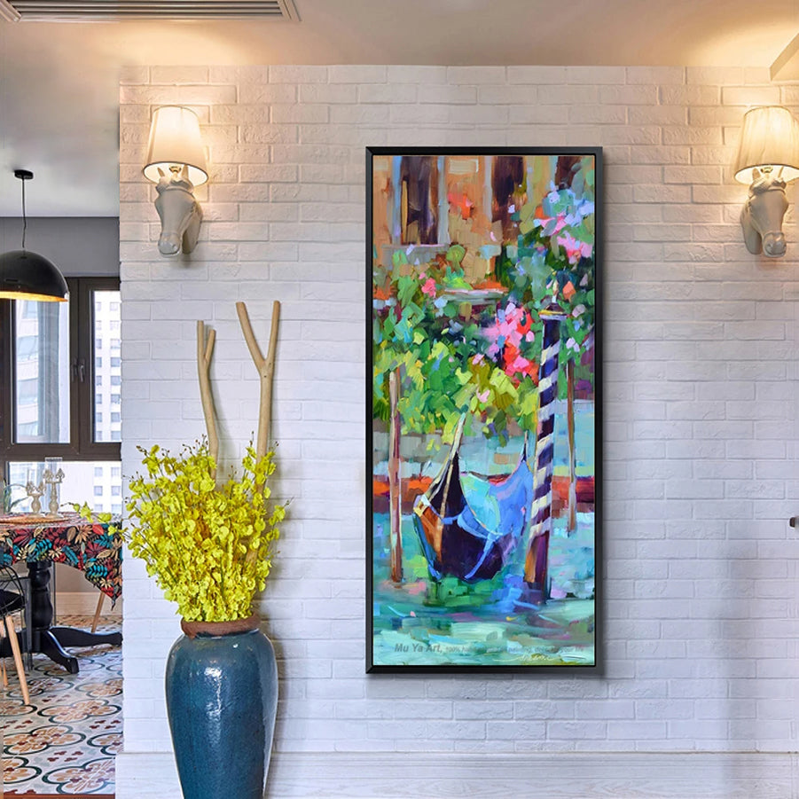 Charming Venetian Gondola with Vibrant Flowers - Colorful Oil Painting