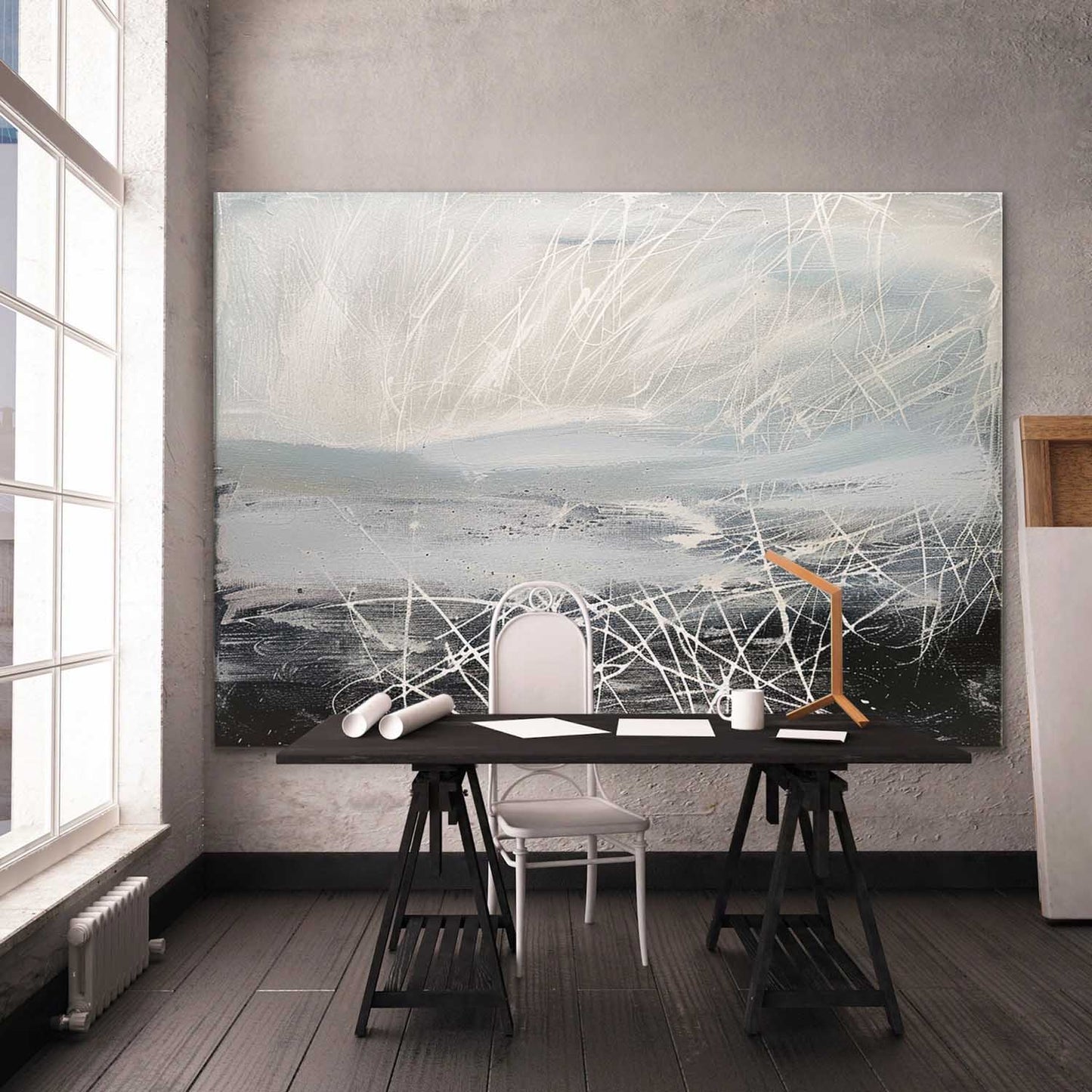Contemporary Abstract Oil Painting with Dynamic Lines and Soft Color Palette
