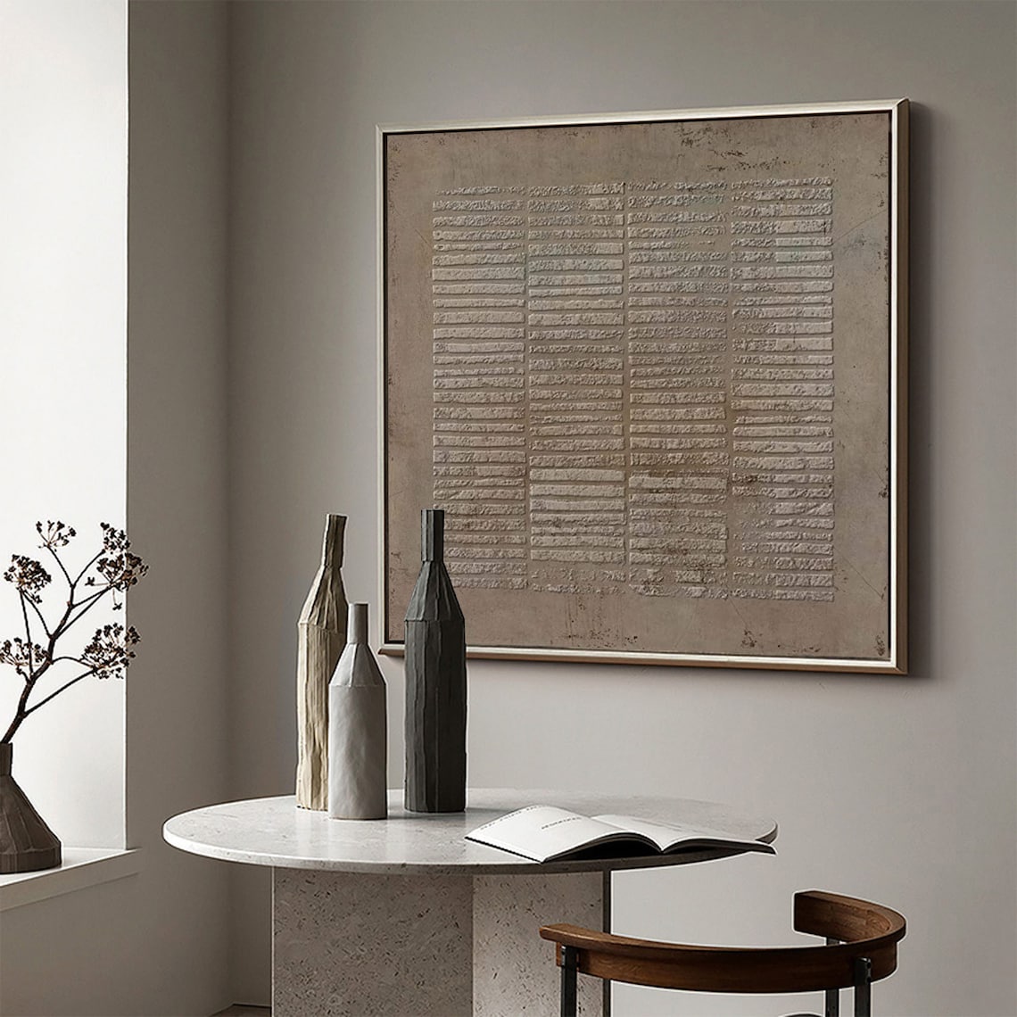 Contemporary Abstract Oil Painting with Textured Layers and Neutral Tones