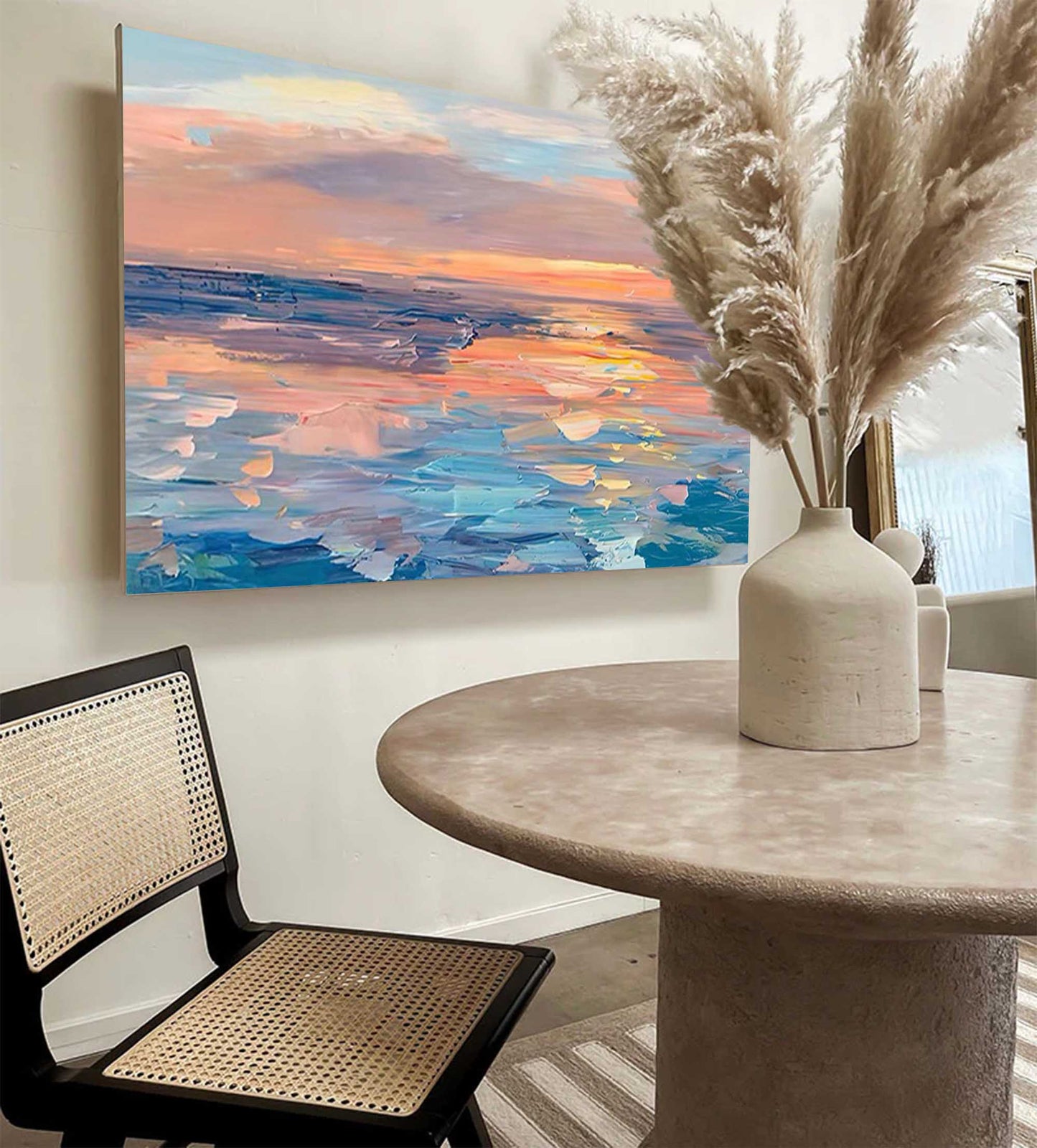 Serene Ocean Sunset Oil Painting for Coastal Home Decor