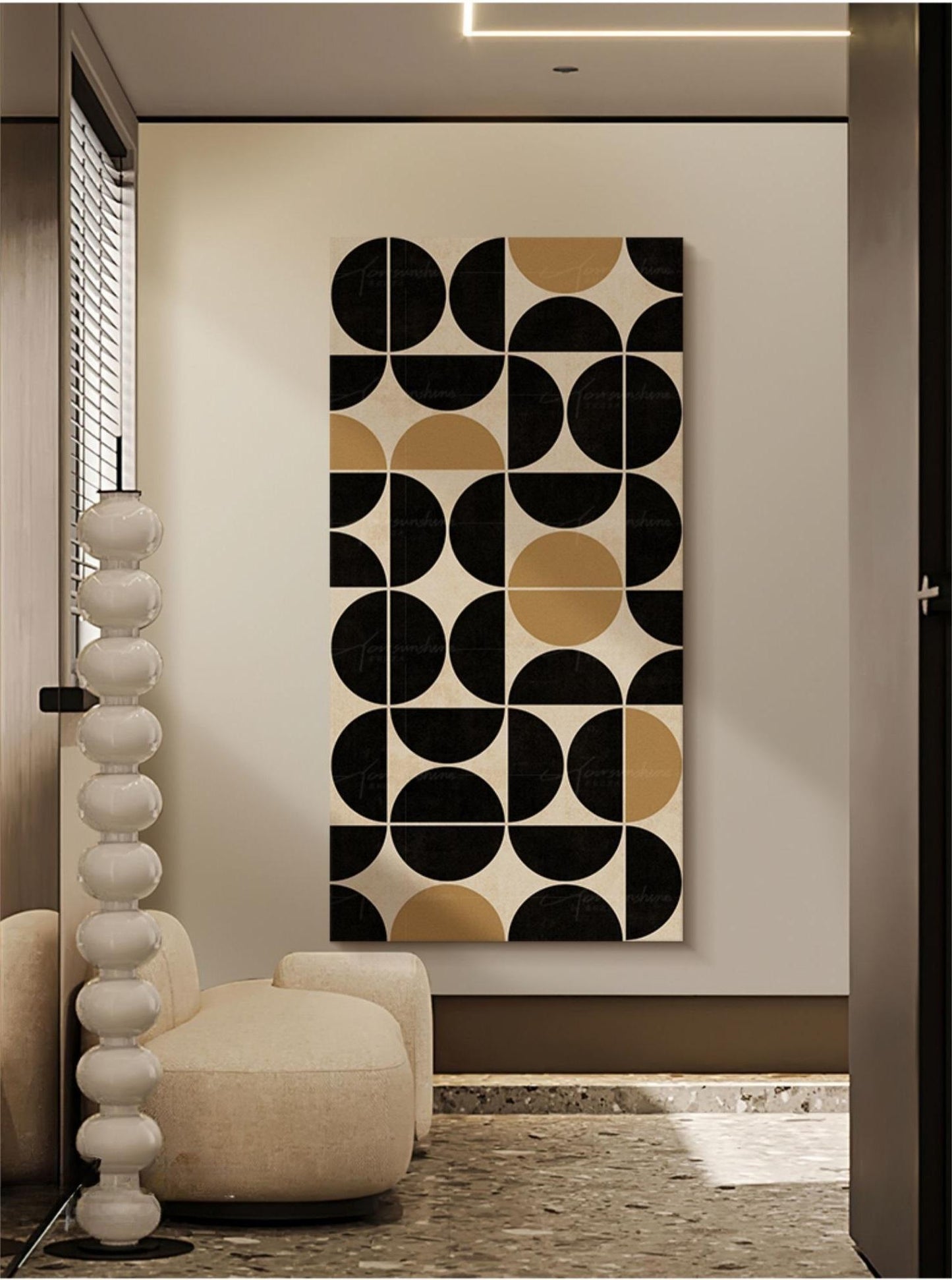 Abstract Geometric Oil Painting in Black, Gold, and Cream for Modern Decor