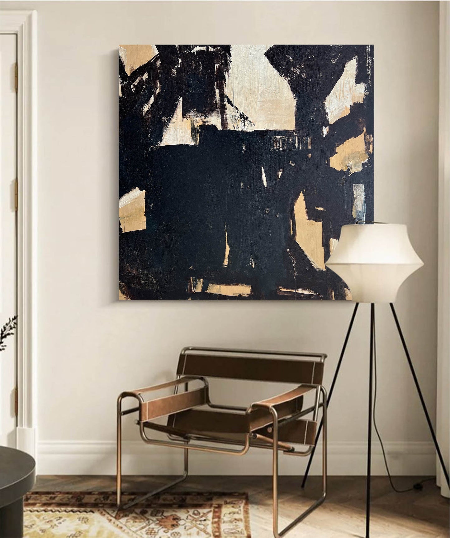 Contemporary Minimalist Abstract Oil Painting with Bold Black and Beige Design
