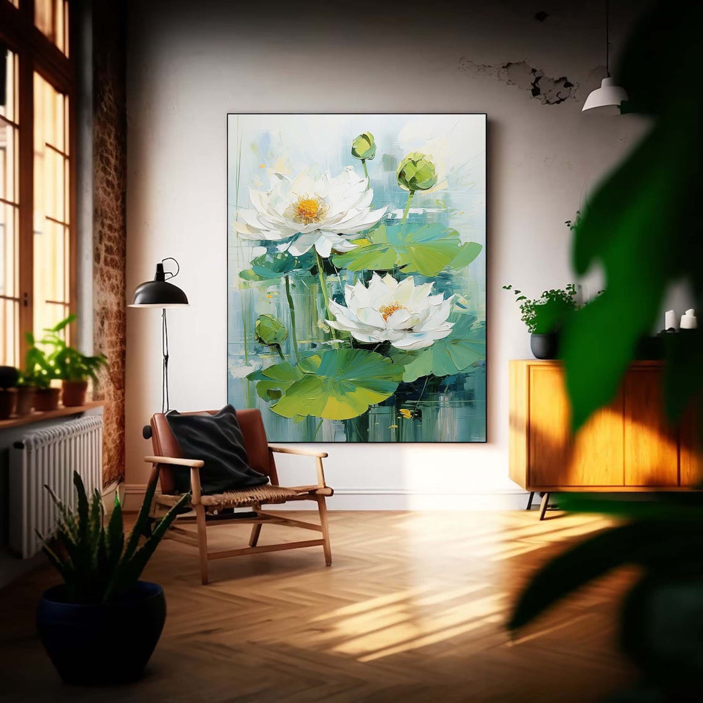 Lush White Lotus Flowers on Serene Water Lily Pond - Vibrant Oil Painting Decor