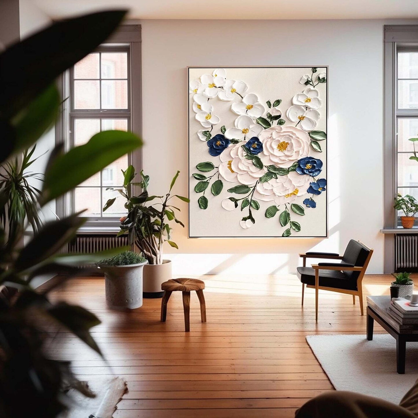 Elegant Floral Oil Painting with Vibrant Colors and Textured Blossom Design