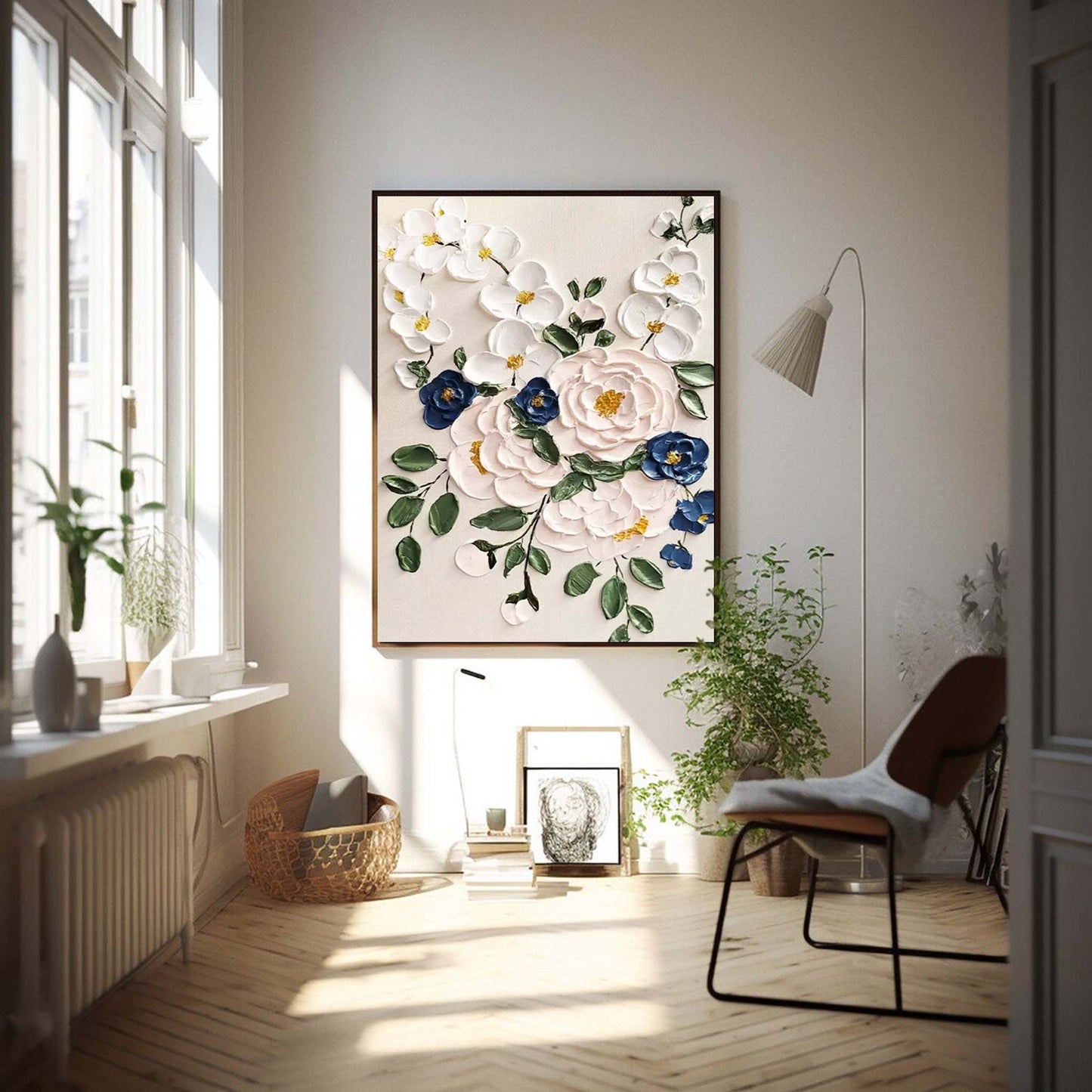 Elegant Floral Oil Painting with Vibrant Colors and Textured Blossom Design