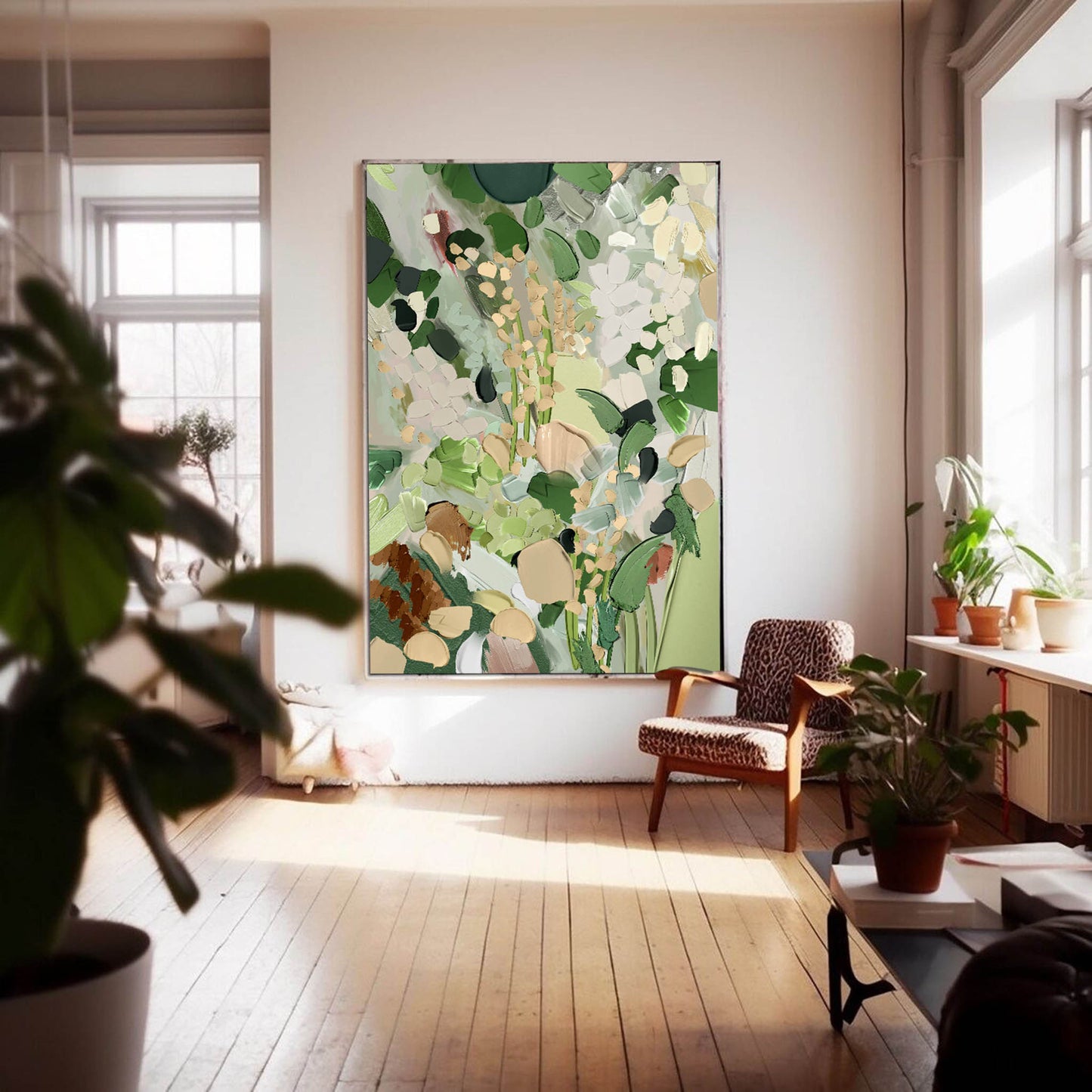 Lush Green Abstract Floral Oil Painting for Modern Home Decor