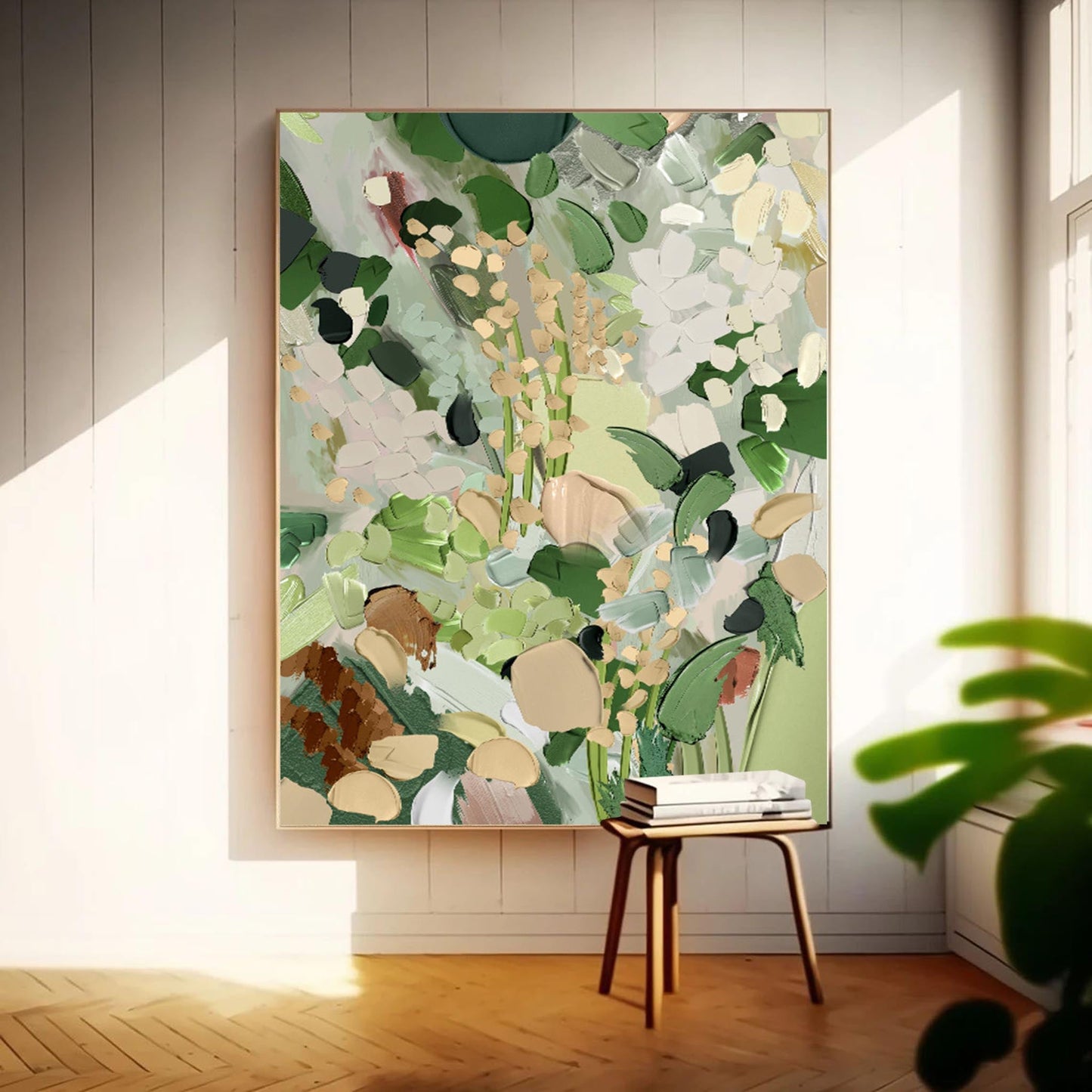 Lush Green Abstract Floral Oil Painting for Modern Home Decor