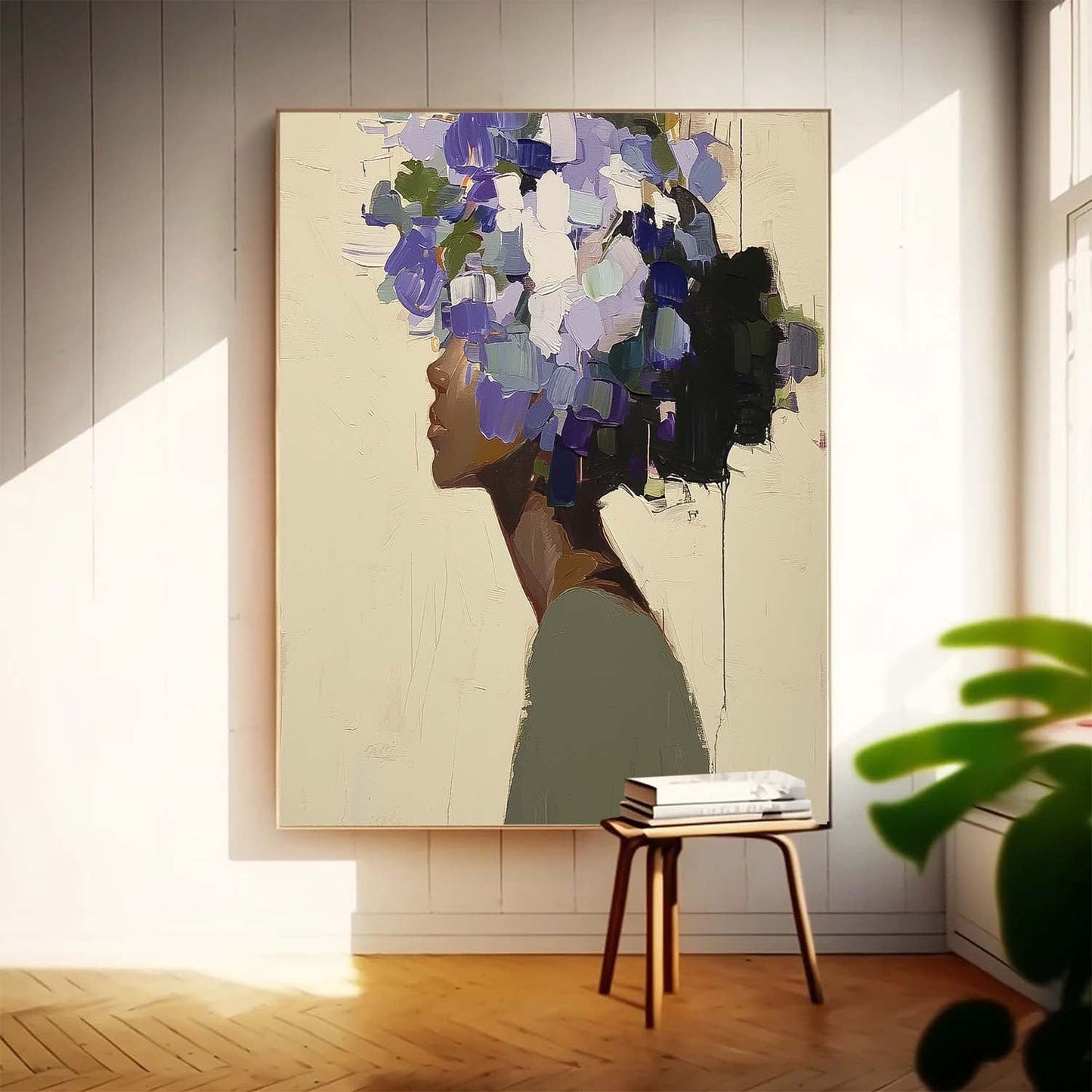 Elegant Woman Silhouette with Vibrant Floral Hair - Contemporary Oil Painting
