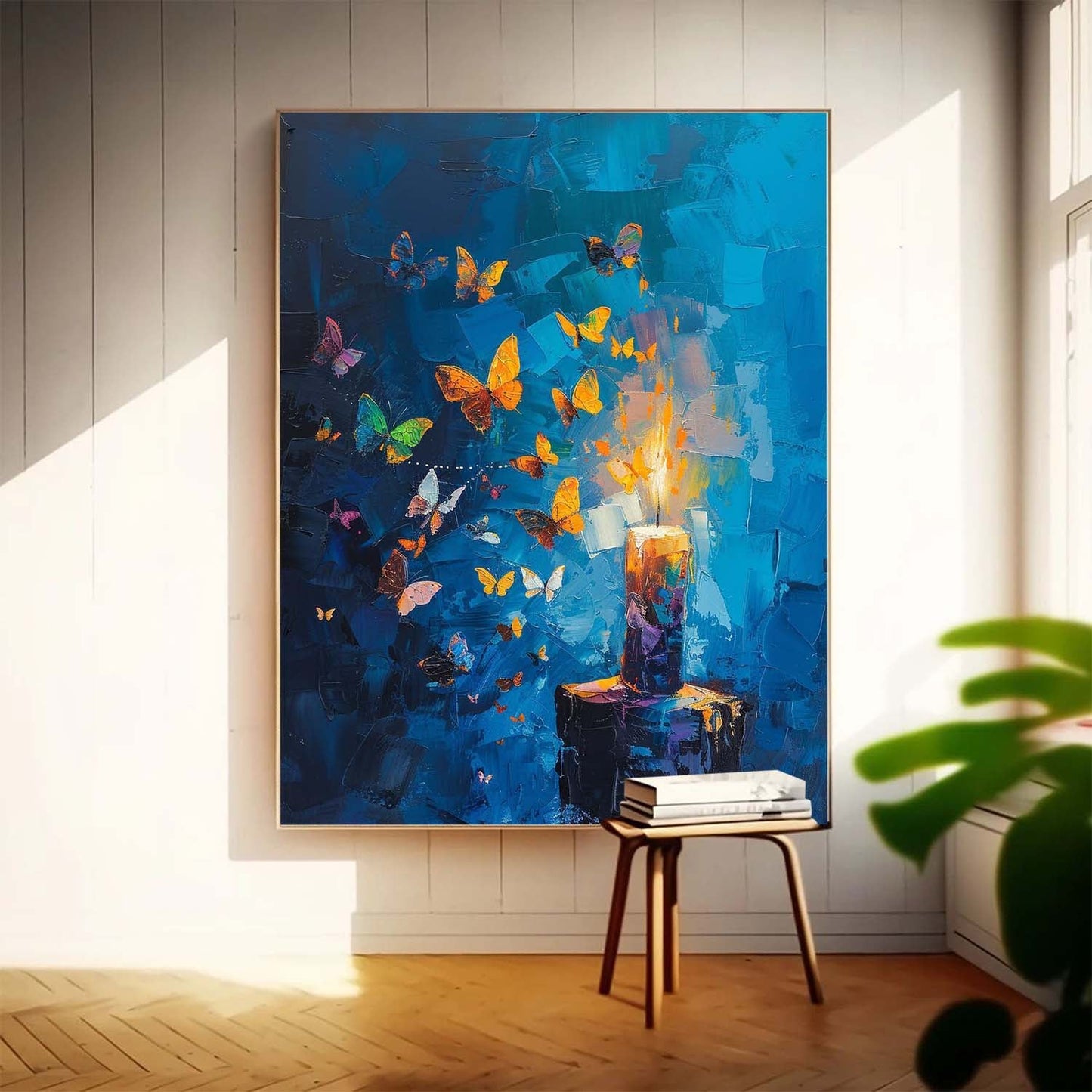 Colorful Butterflies and Candlelight Abstract Oil Painting