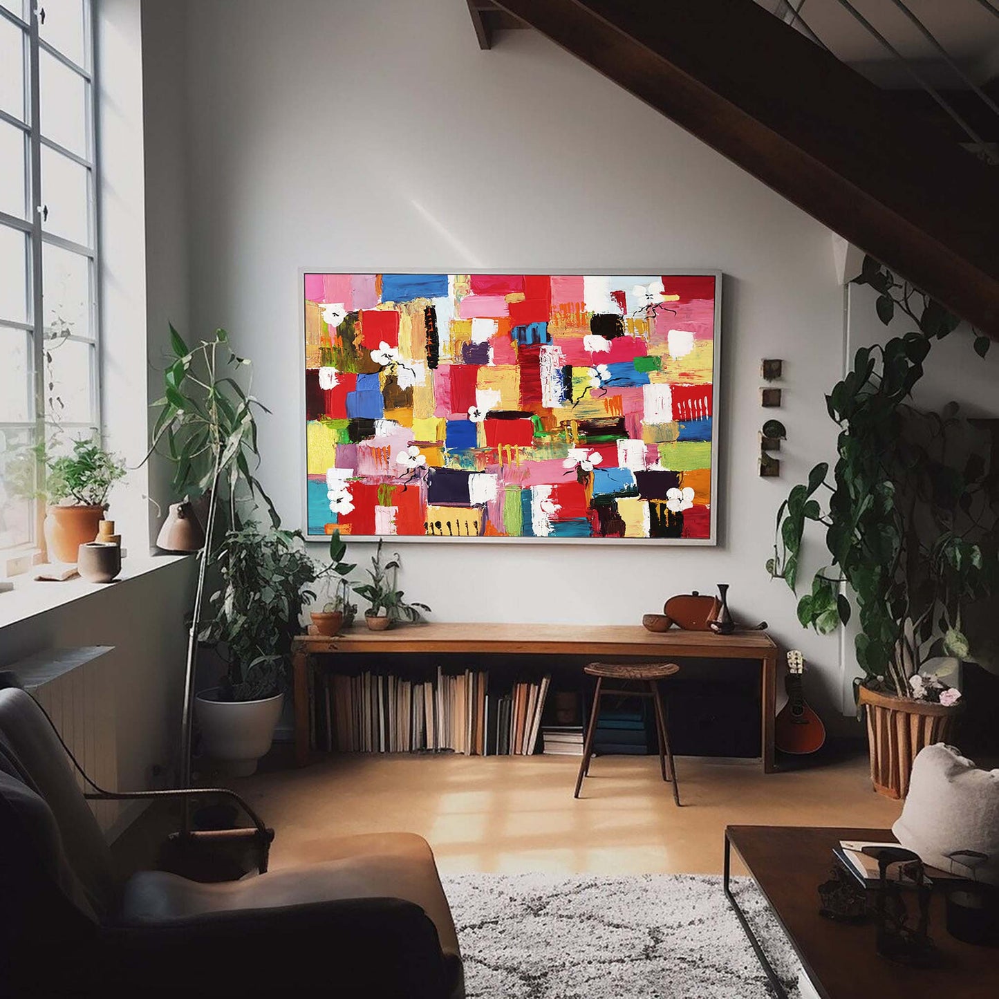 Colorful Abstract Oil Painting with Floral Elements for Modern Home Decor