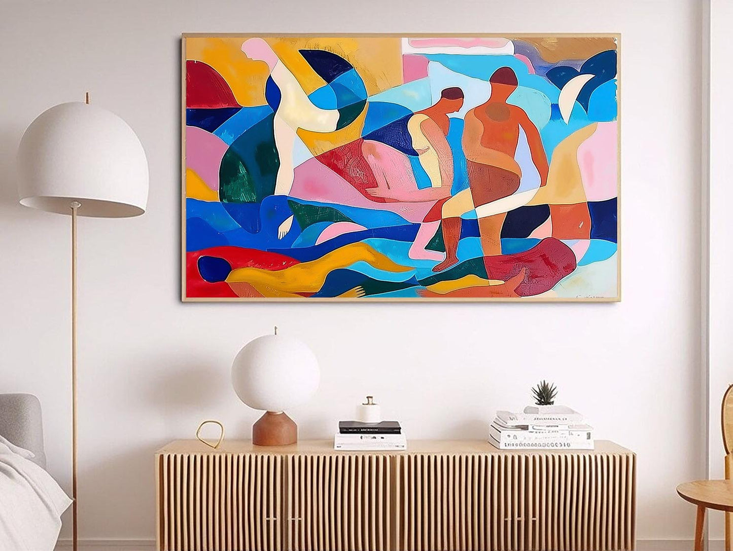 Colorful Abstract Oil Painting of Human Figures in Dynamic Composition