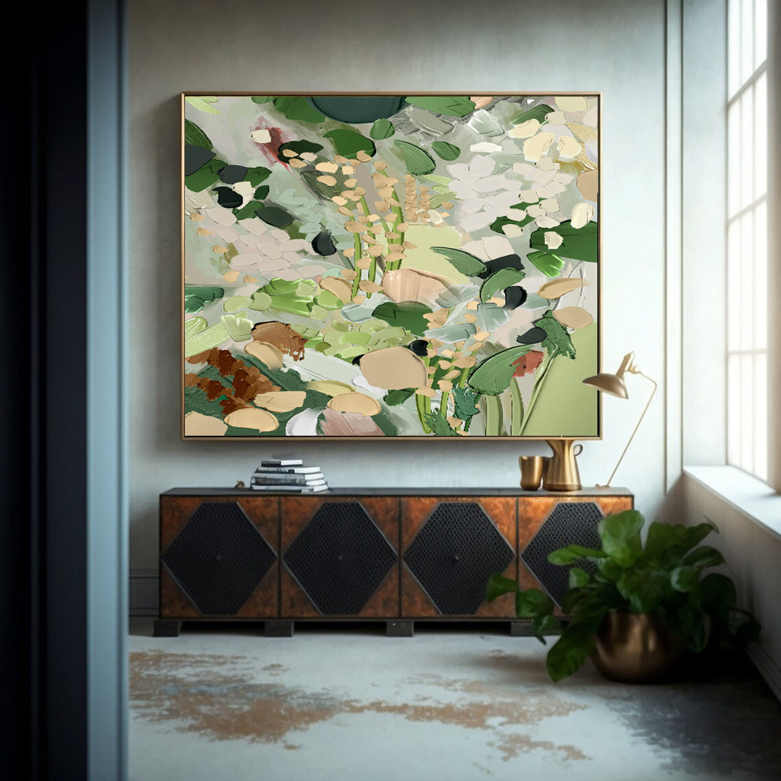 Botanical Elegance: Serene Green and White Floral Oil Painting for Home Decor