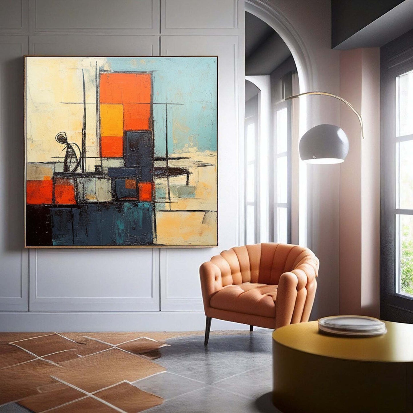 Contemporary Abstract Oil Painting with Vibrant Color Blocks and Dynamic Shapes