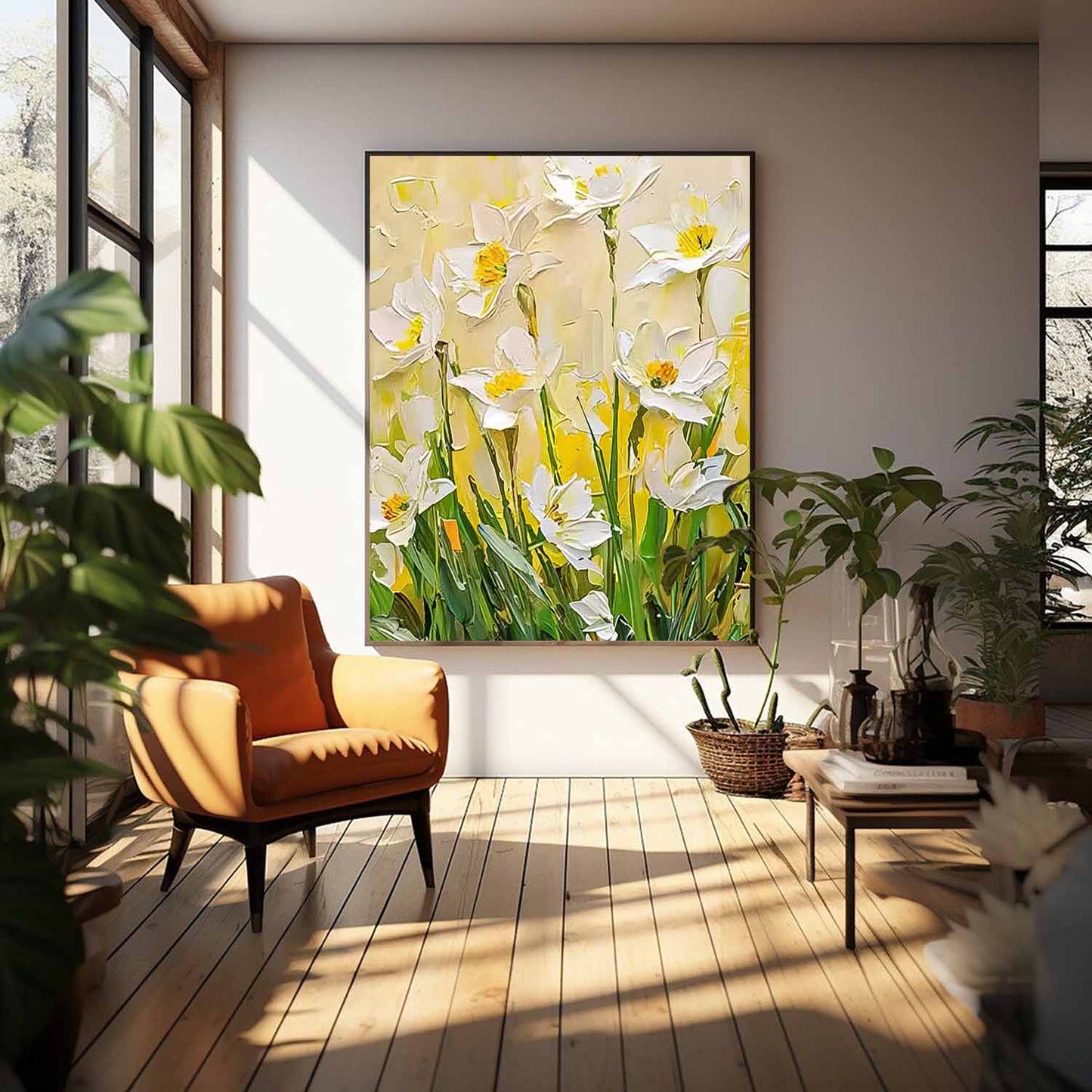 Bright White Floral Oil Painting for Home Decor and Art Collectors