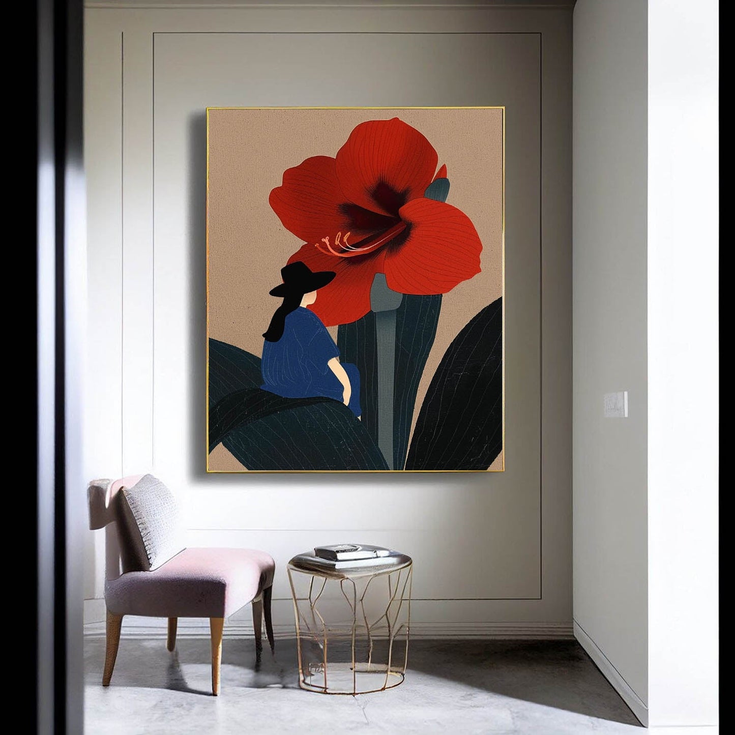 Charming Woman and Red Flower Oil Painting for Modern Home Decor