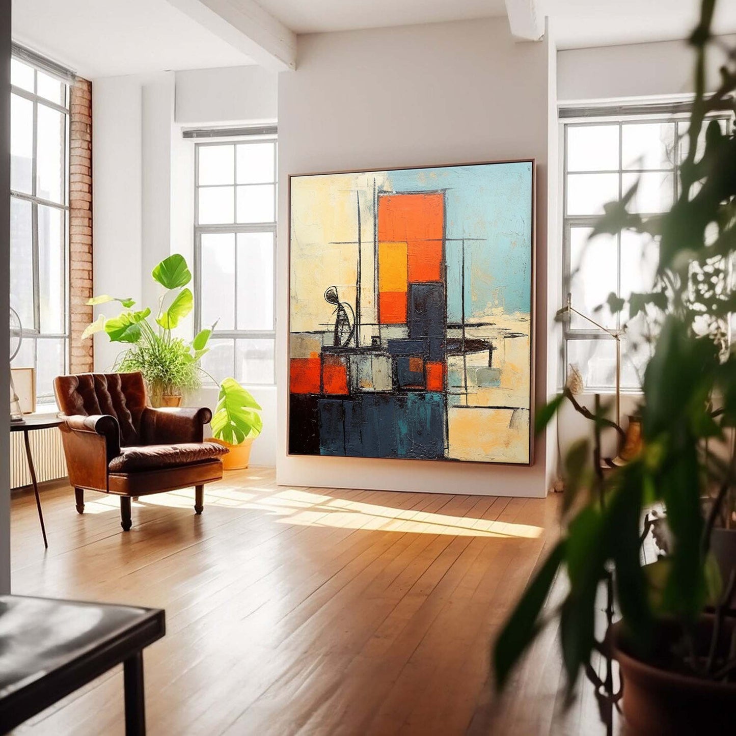Contemporary Abstract Oil Painting with Vibrant Color Blocks and Dynamic Shapes