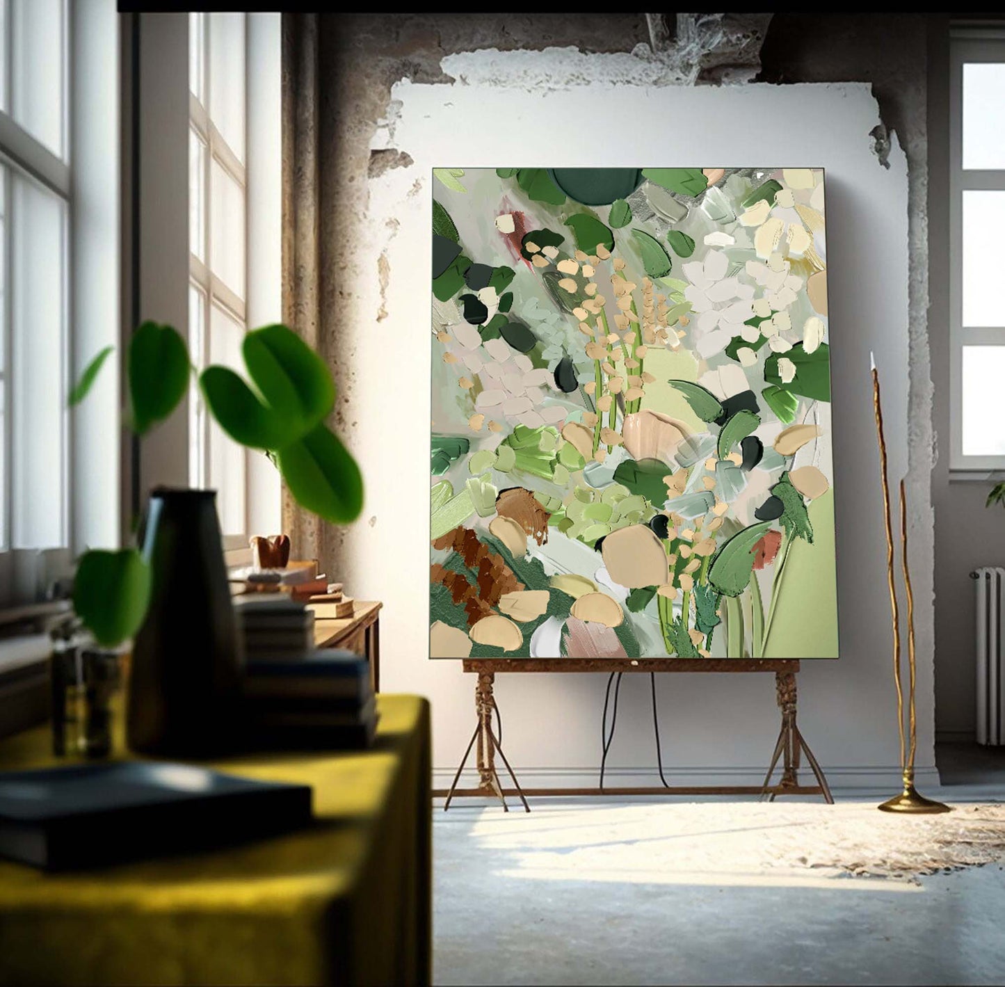 Lush Green Abstract Floral Oil Painting for Modern Home Decor