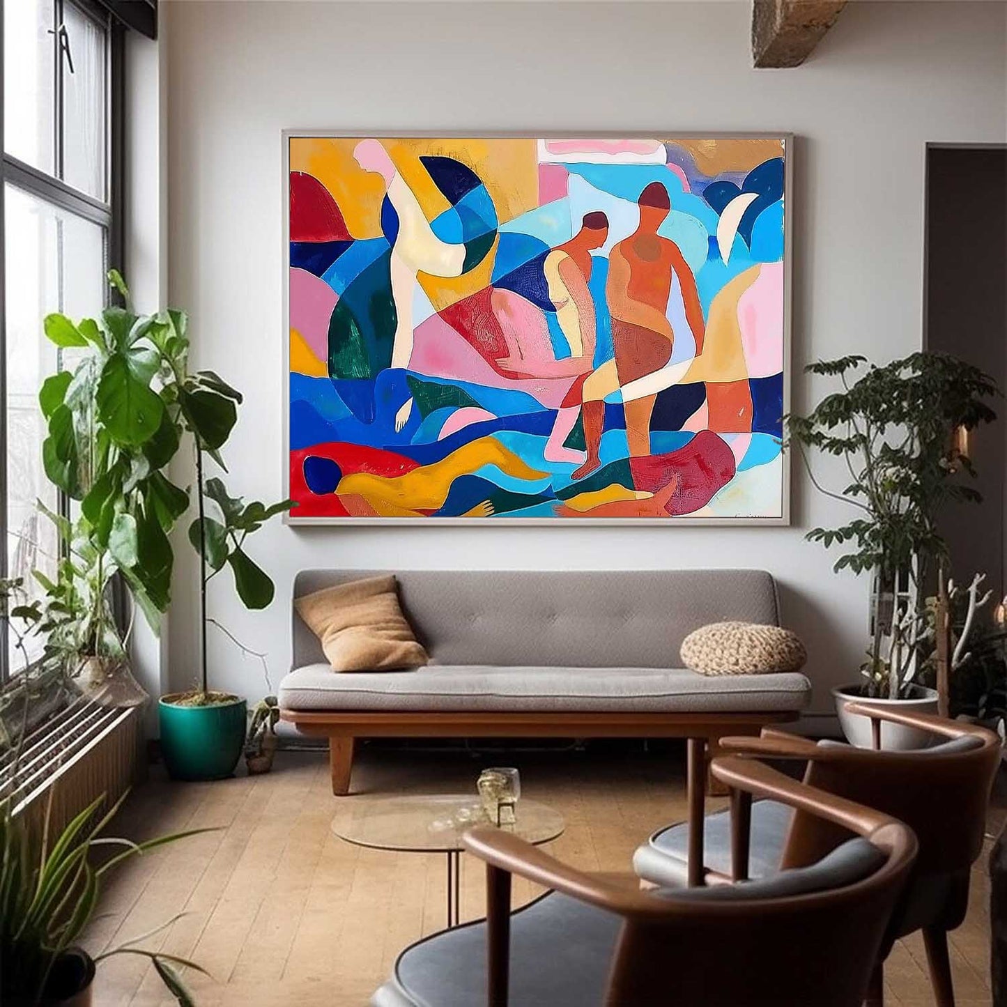 Colorful Abstract Oil Painting of Human Figures in Dynamic Composition