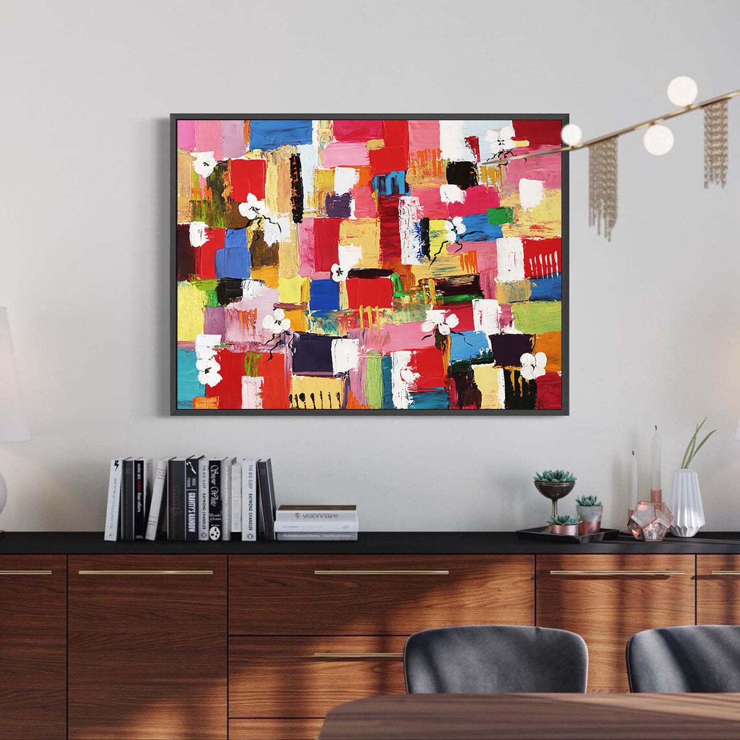 Colorful Abstract Oil Painting with Floral Elements for Modern Home Decor