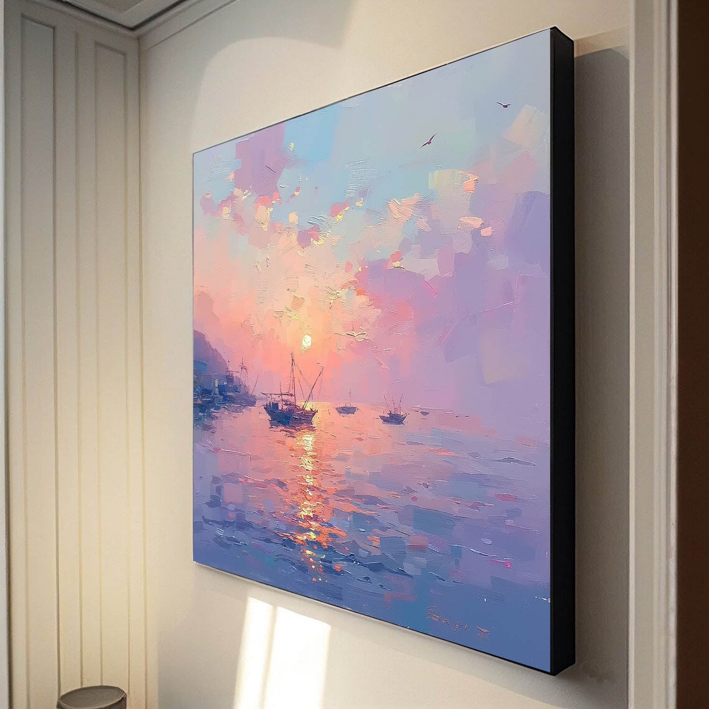 Majestic Sunset Over Tranquil Waters - Serene Oil Painting for Home Decor