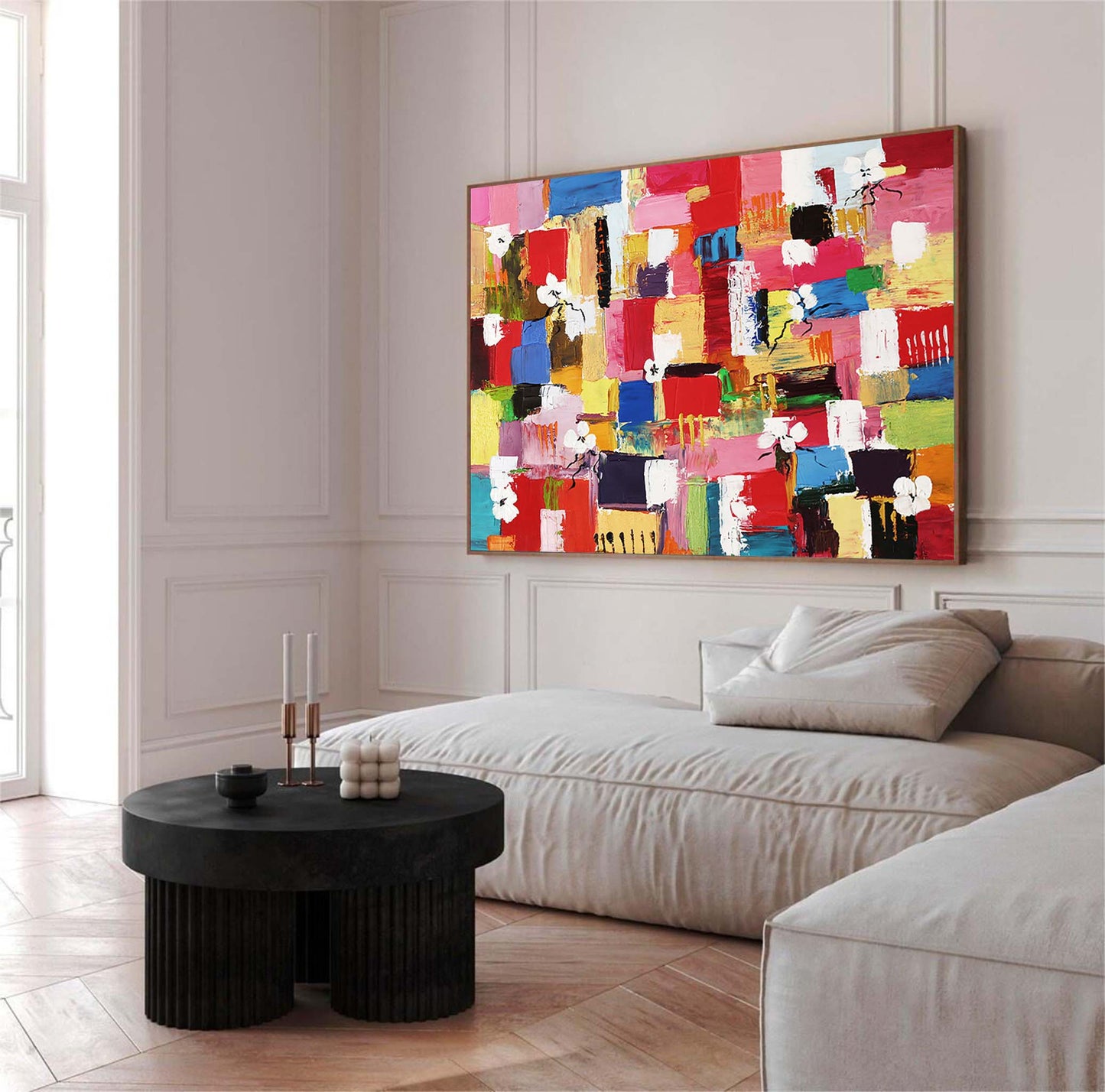 Colorful Abstract Oil Painting with Floral Elements for Modern Home Decor