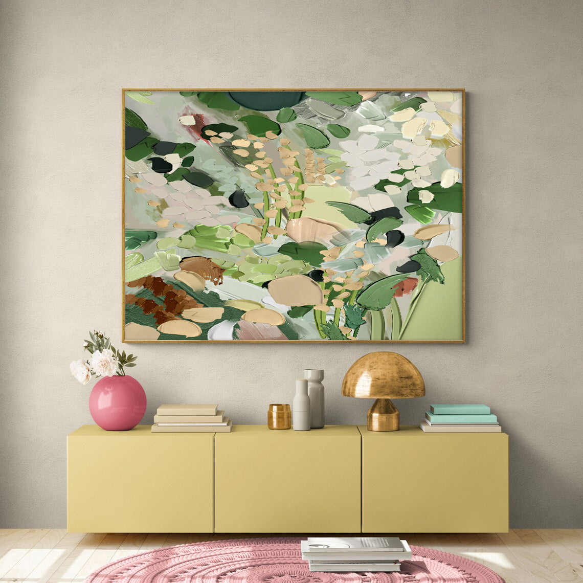 Botanical Elegance: Serene Green and White Floral Oil Painting for Home Decor