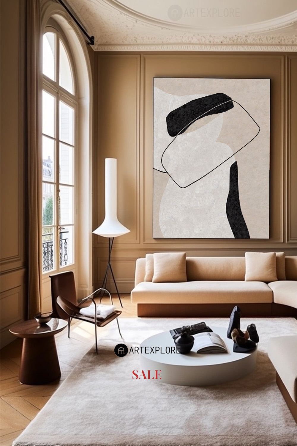 Contemporary Minimalist Oil Painting with Abstract Black and White Design