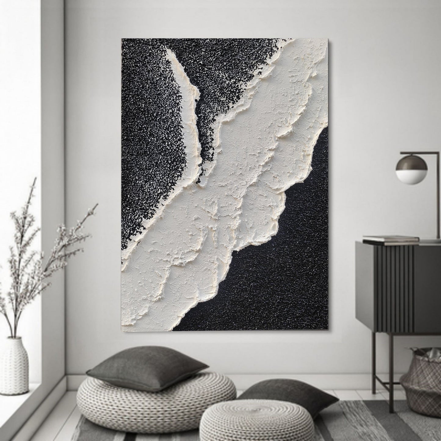 Modern Abstract Ocean Wave Oil Painting in Black and White Textures