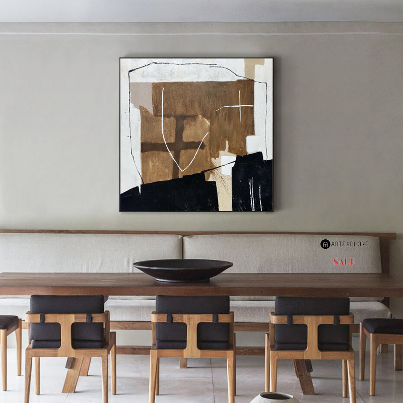 Contemporary Abstract Oil Painting with Bold Geometric Shapes and Earthy Tones