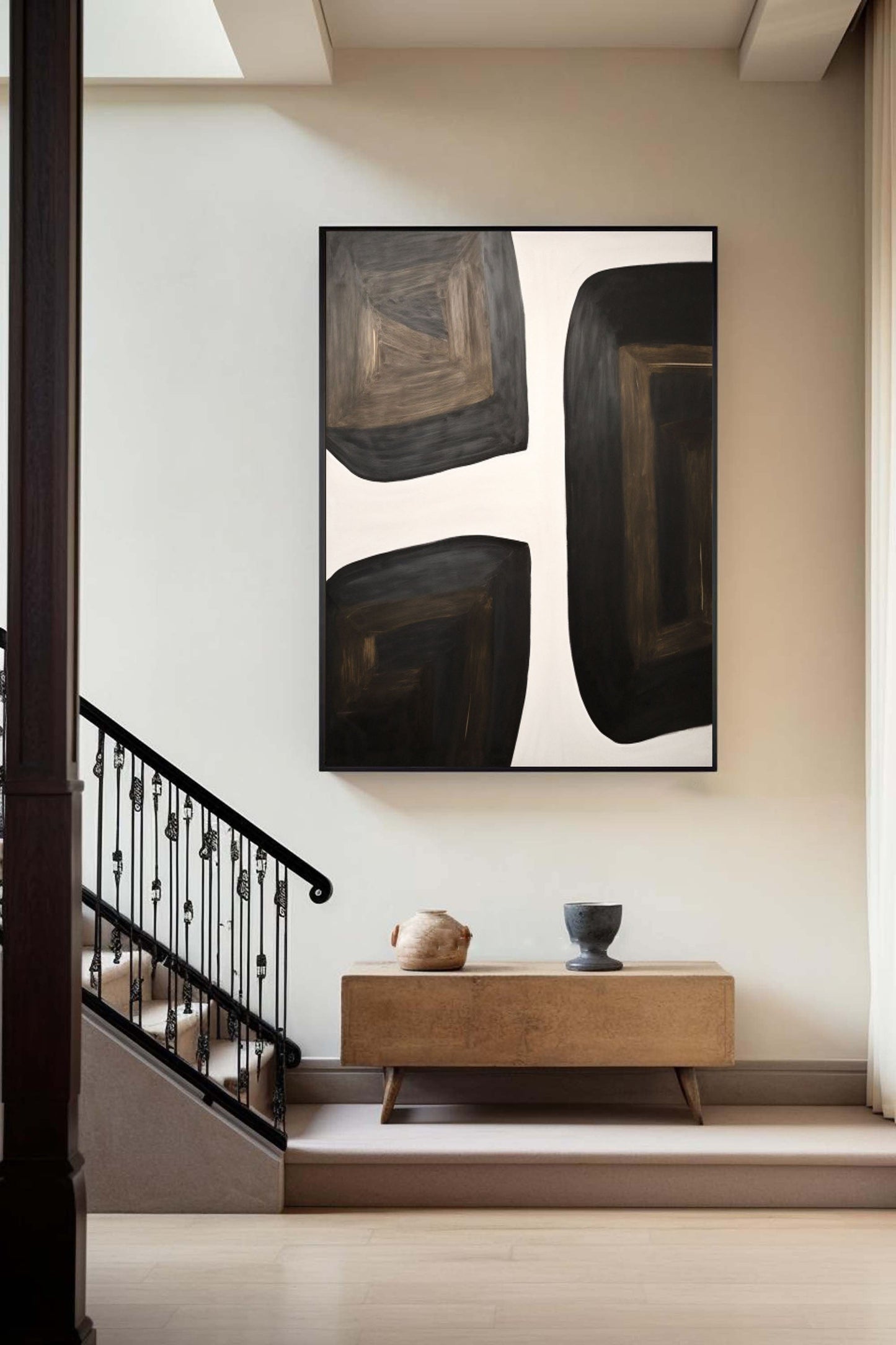 Modern Black and White Geometric Oil Painting for Contemporary Home Decor