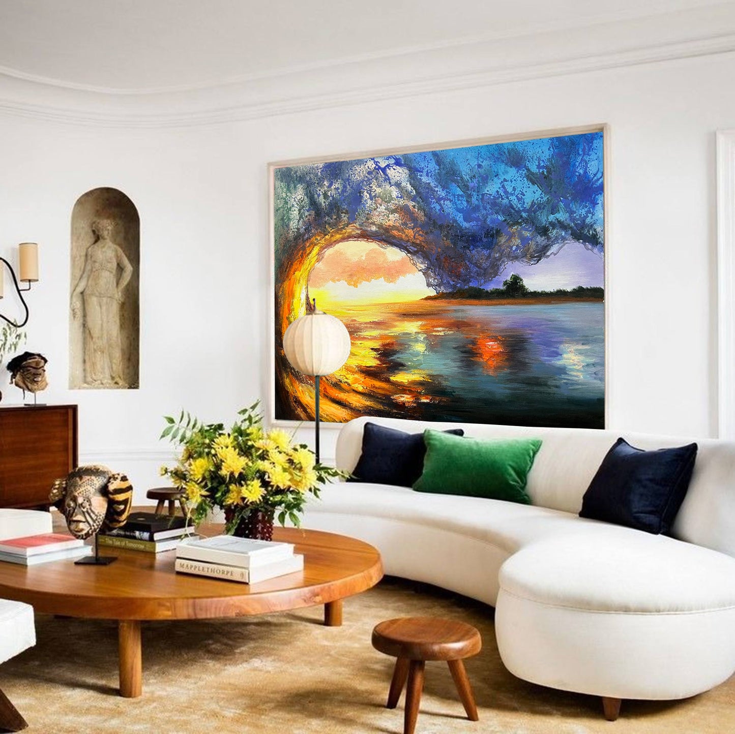 Vibrant Sunset Over Ocean Wave Landscape Oil Painting for Home Decor