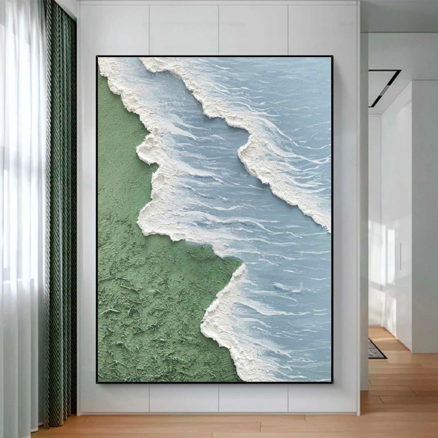 Serene Coastal Landscape Oil Painting – Minimalist Beach and Ocean Decor