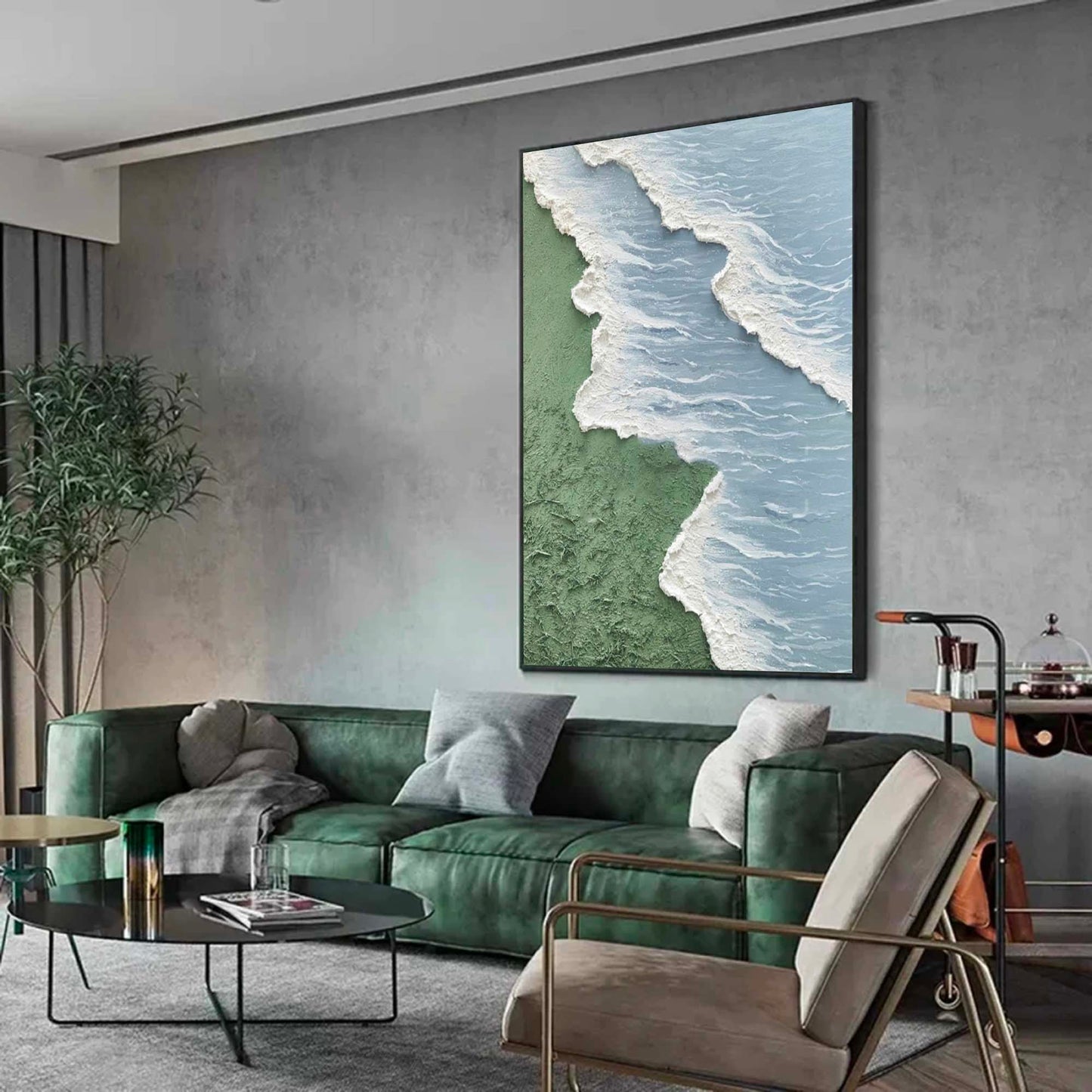 Serene Coastal Landscape Oil Painting – Minimalist Beach and Ocean Decor