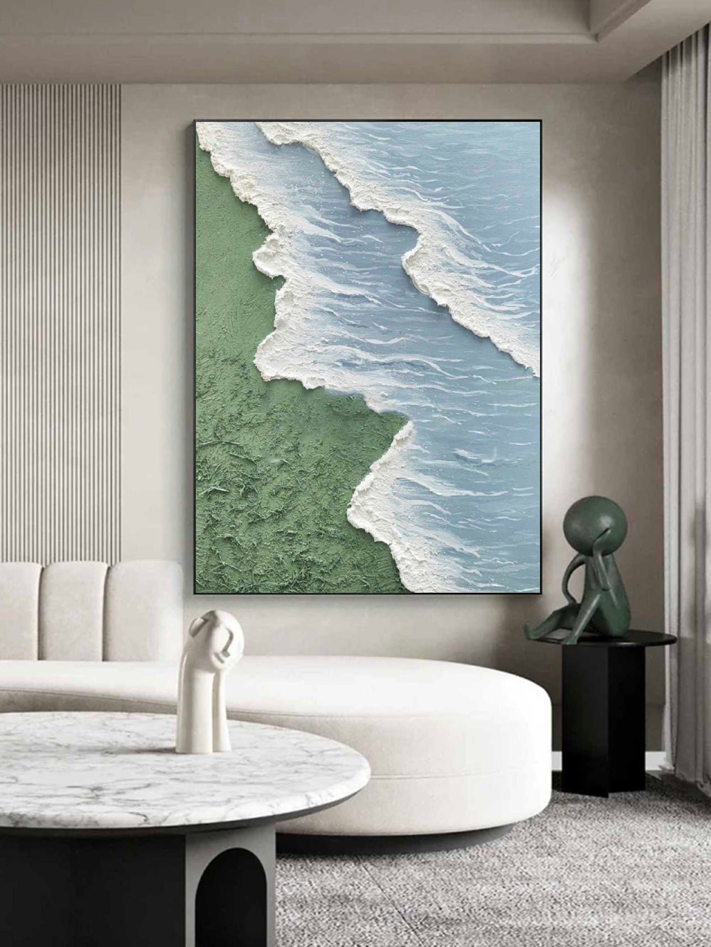 Serene Coastal Landscape Oil Painting – Minimalist Beach and Ocean Decor