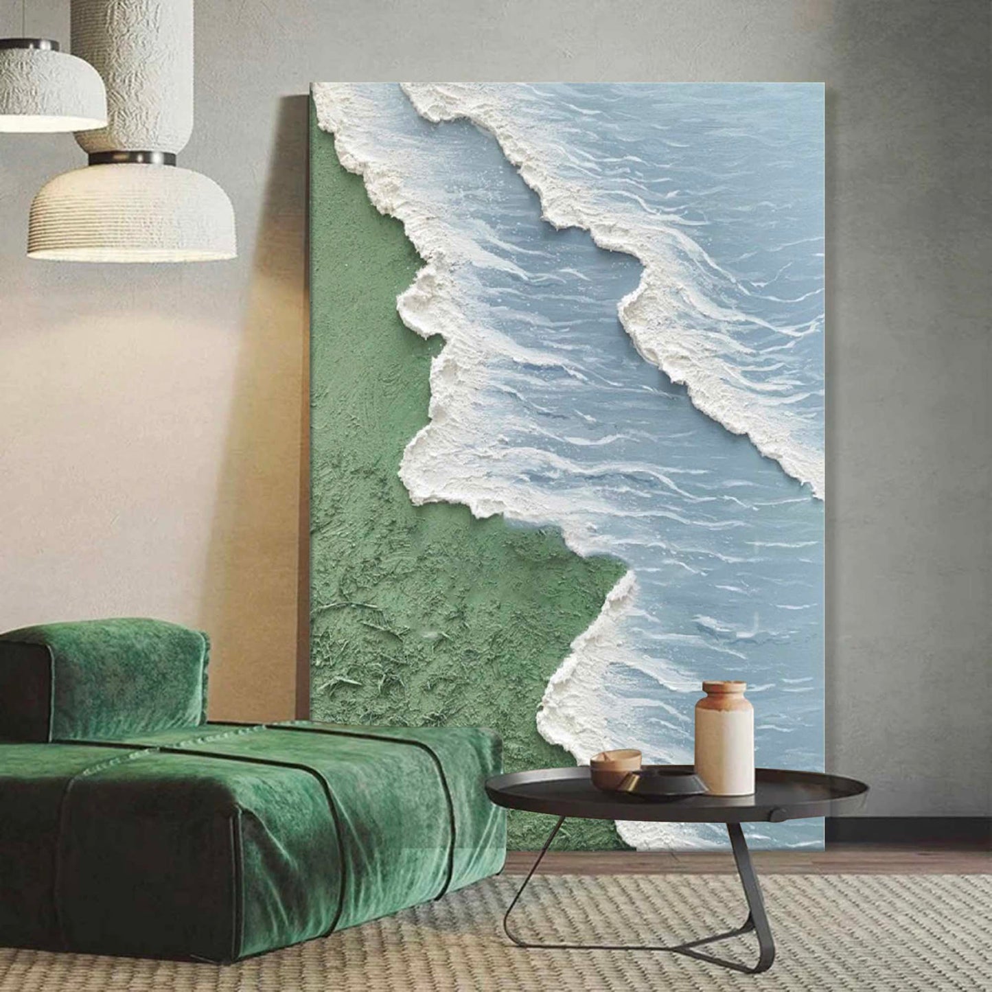 Serene Coastal Landscape Oil Painting – Minimalist Beach and Ocean Decor