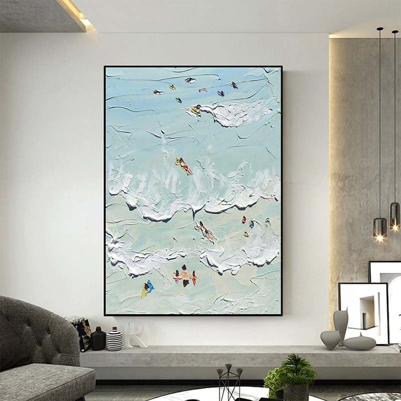 Vibrant Coastal Escape: Serene Oil Painting of Beach Goers and Waves