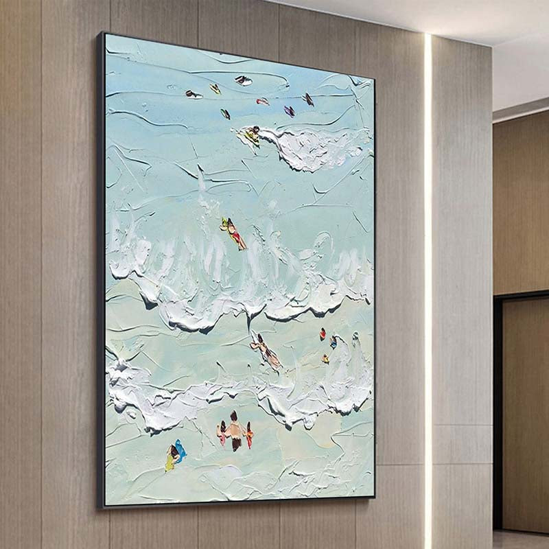 Vibrant Coastal Escape: Serene Oil Painting of Beach Goers and Waves
