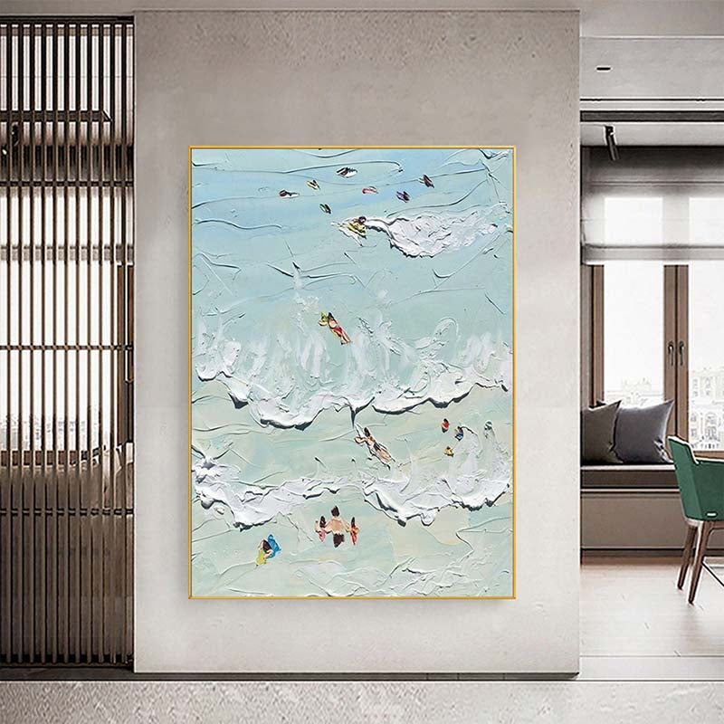 Vibrant Coastal Escape: Serene Oil Painting of Beach Goers and Waves