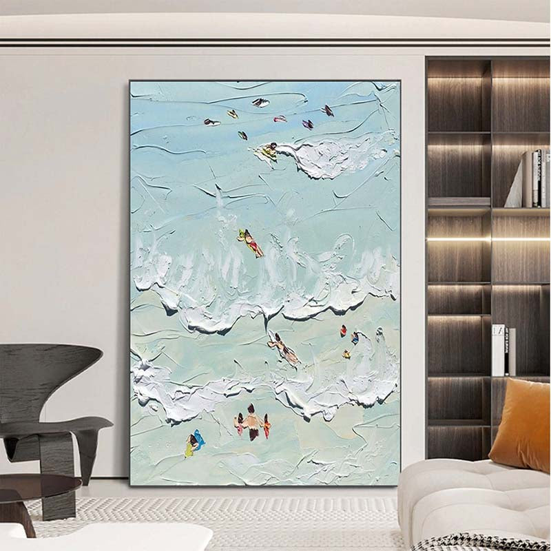 Vibrant Coastal Escape: Serene Oil Painting of Beach Goers and Waves