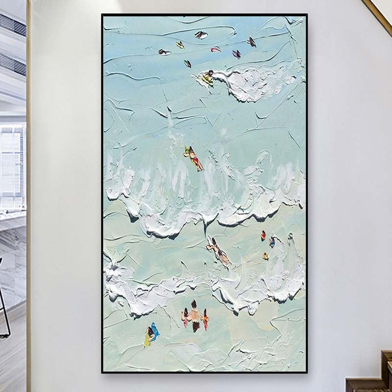 Vibrant Coastal Escape: Serene Oil Painting of Beach Goers and Waves
