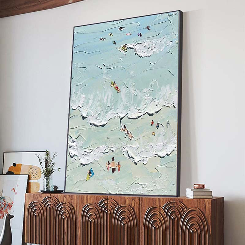 Vibrant Coastal Escape: Serene Oil Painting of Beach Goers and Waves