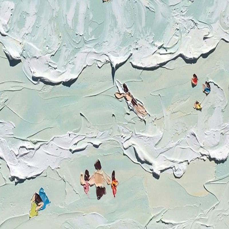 Vibrant Coastal Escape: Serene Oil Painting of Beach Goers and Waves