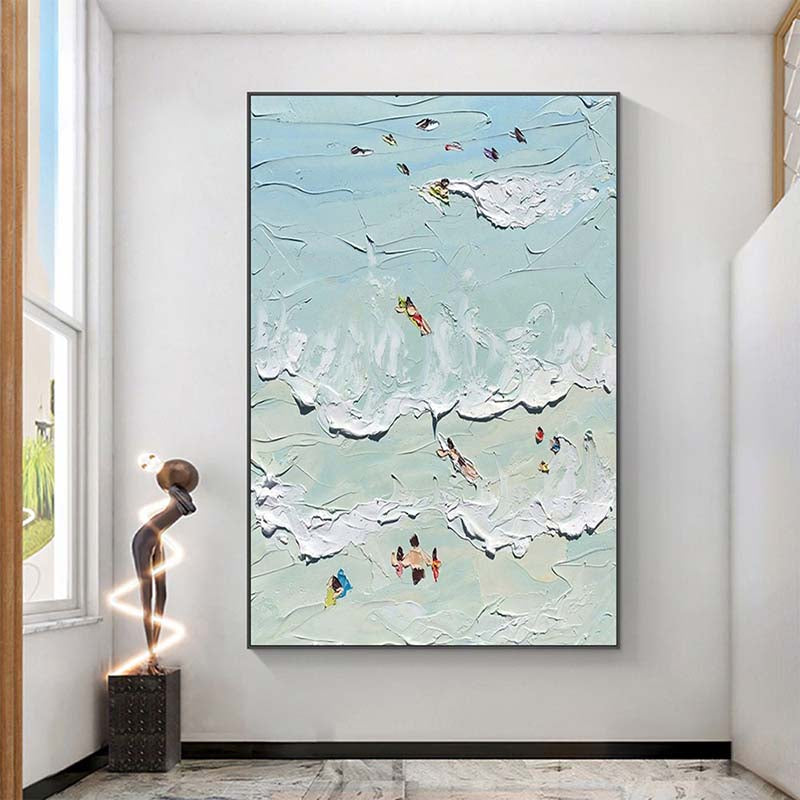 Vibrant Coastal Escape: Serene Oil Painting of Beach Goers and Waves