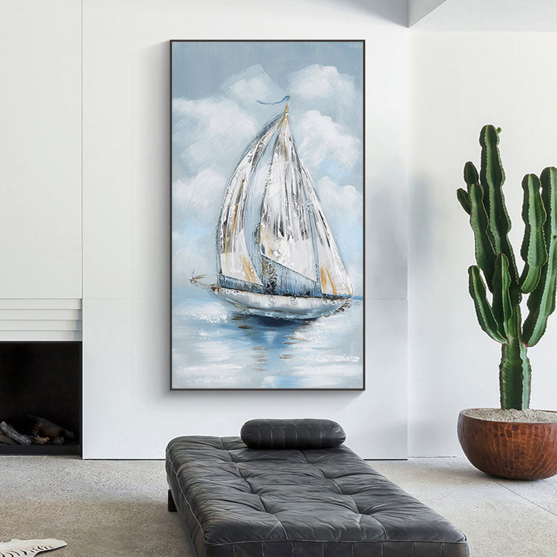 Elegant Sailboat on Tranquil Waters - Serene Coastal Oil Painting Decor