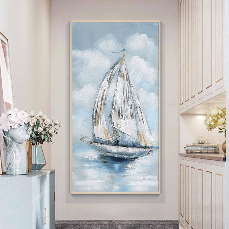 Elegant Sailboat on Tranquil Waters - Serene Coastal Oil Painting Decor