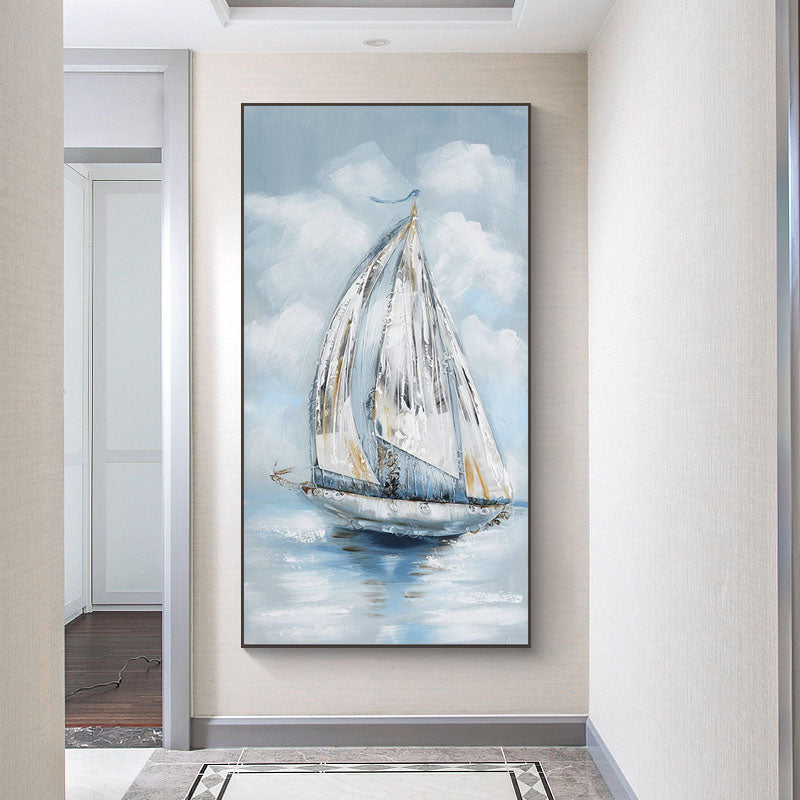 Elegant Sailboat on Tranquil Waters - Serene Coastal Oil Painting Decor