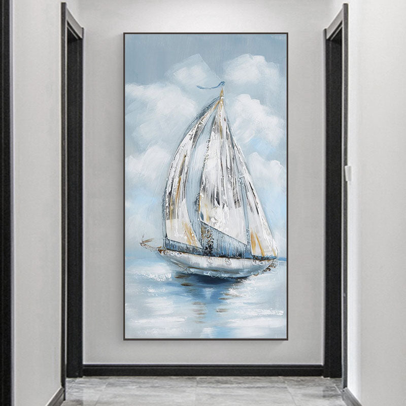 Elegant Sailboat on Tranquil Waters - Serene Coastal Oil Painting Decor