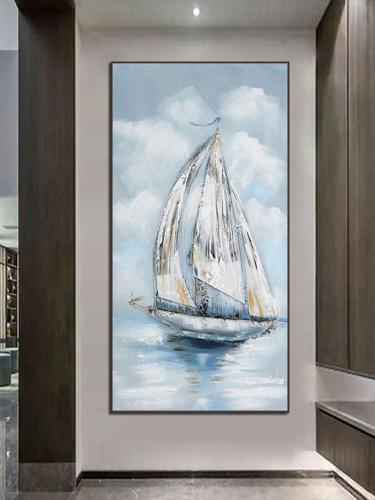Elegant Sailboat on Tranquil Waters - Serene Coastal Oil Painting Decor