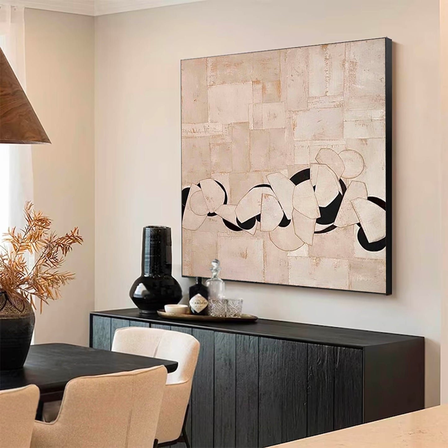 Chic Minimalist Abstract Oil Painting with Soft Geometric Shapes and Neutral Tones